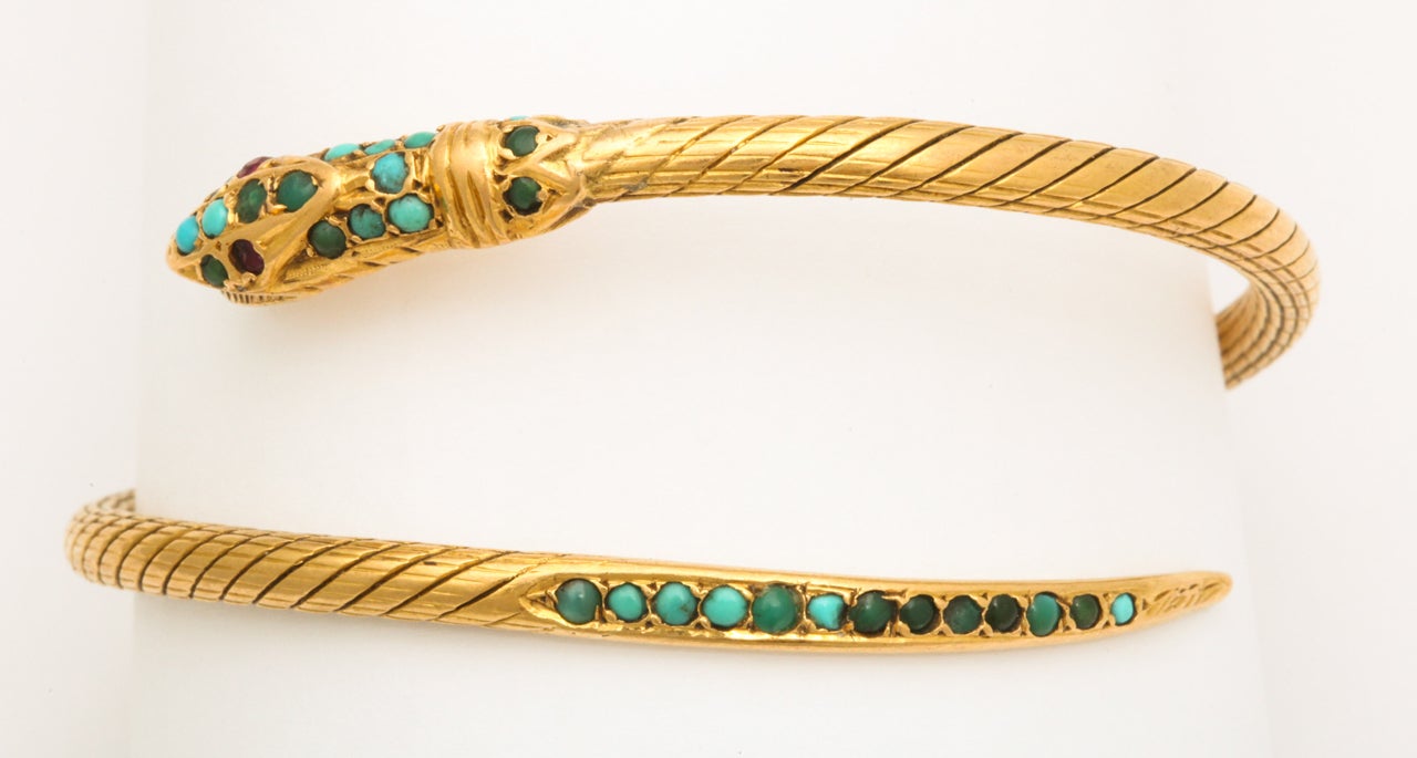 Gold, Ruby and Turquoise Snake Bracelet For Sale 1