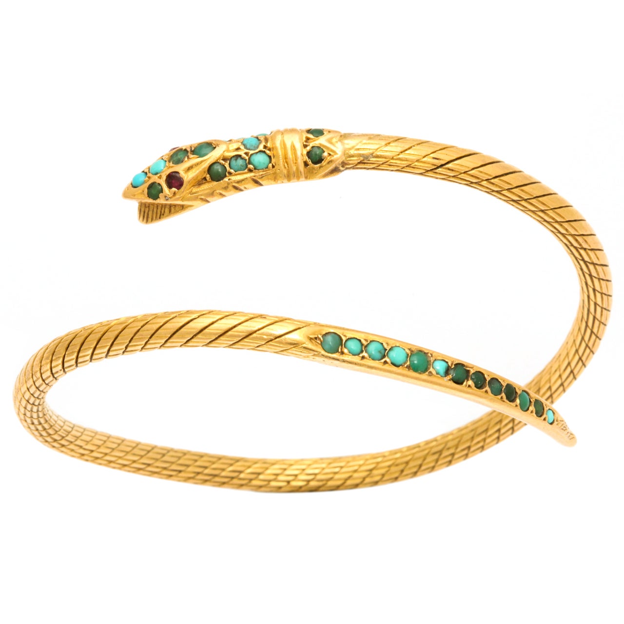 Gold, Ruby and Turquoise Snake Bracelet For Sale
