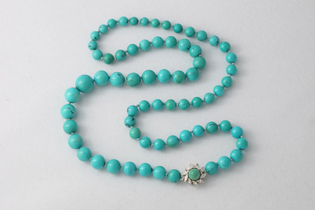 Long graduated strand of Persian Turquoise beads meant to be worn with the Marquise Diamond & Turqoise Bead Clasp worn mid breast.