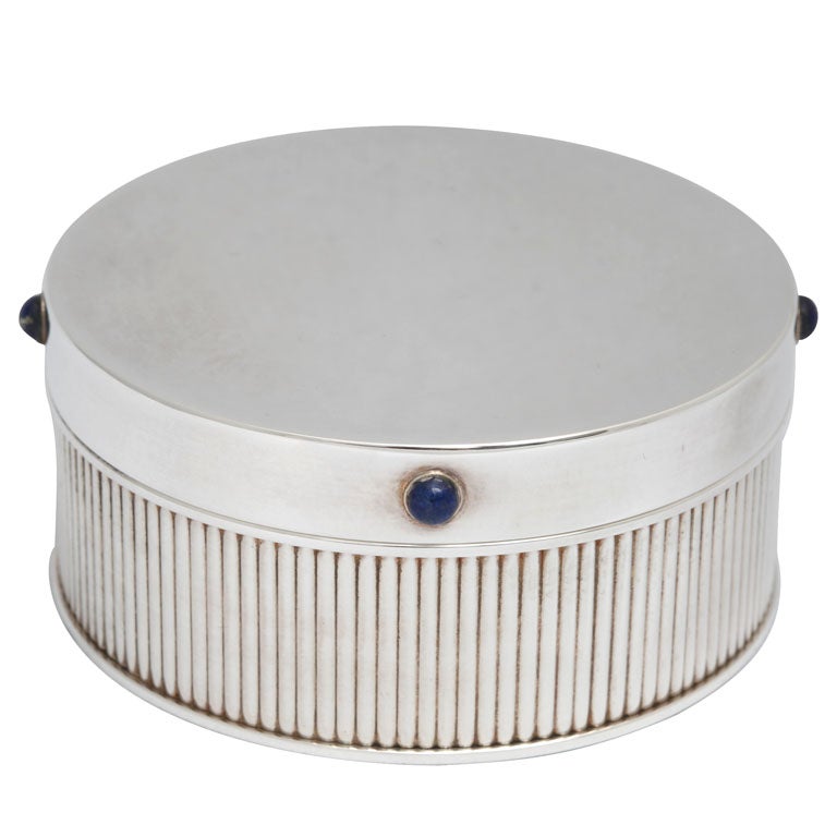 Cartier Round Silver Lidded-Box with Lapis Lazuli For Sale