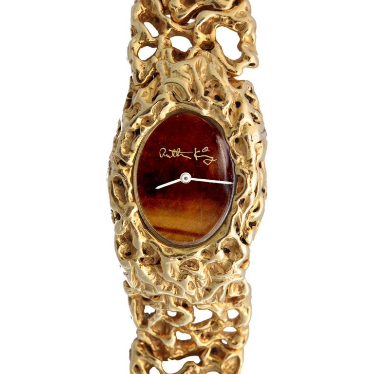 Arthur King Tiger-Eye and 18K Gold Watch For Sale