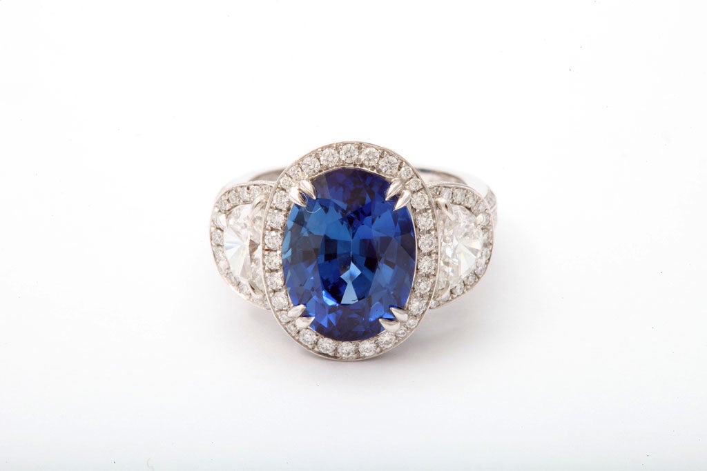 Diamond Sapphire Platinum Cluster Ring For Sale 2
