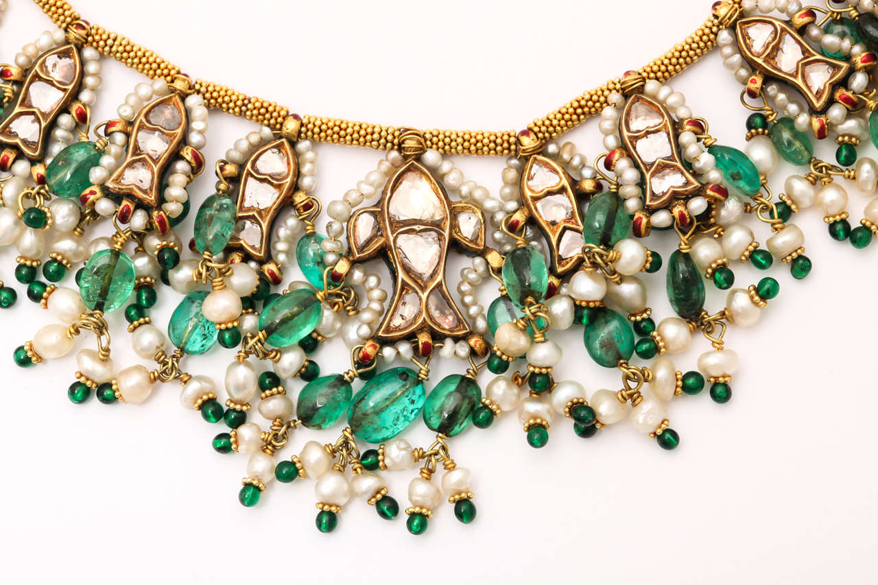 Enamel Pearl Emerald Diamond Gold Indian Neckalce In Excellent Condition In New York, NY