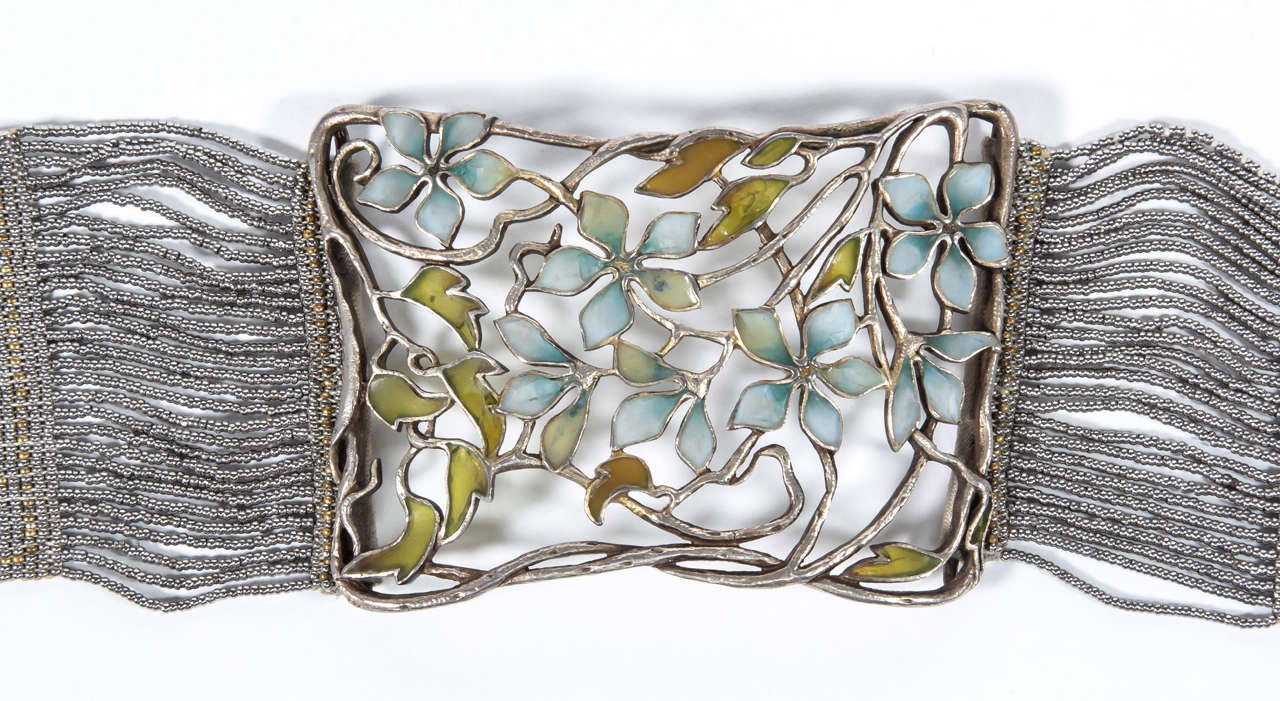 Art Nouveau Plique-A-Jour Enamel Silver Choker Necklace For Sale