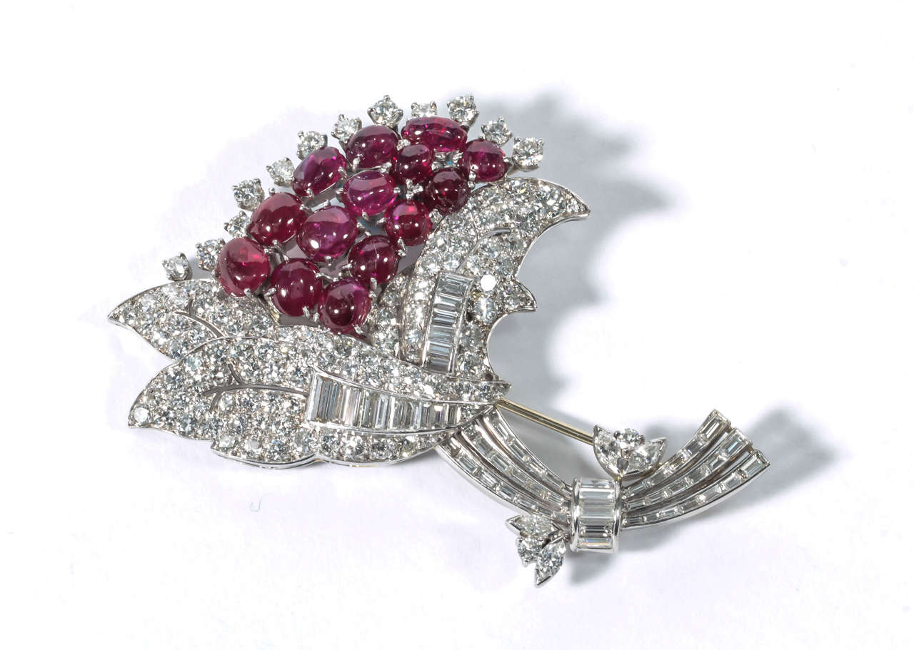 Ruby Diamond Platinum Flower Brooch