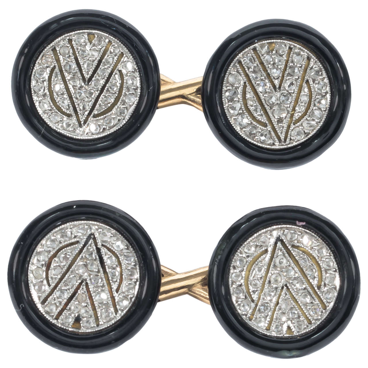 Art Deco Pair of Enamel Diamond Cufflinks For Sale