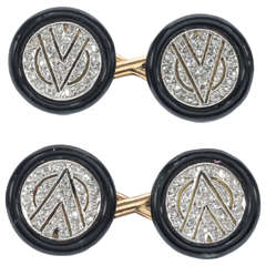 Art Deco Pair of Enamel Diamond Cufflinks