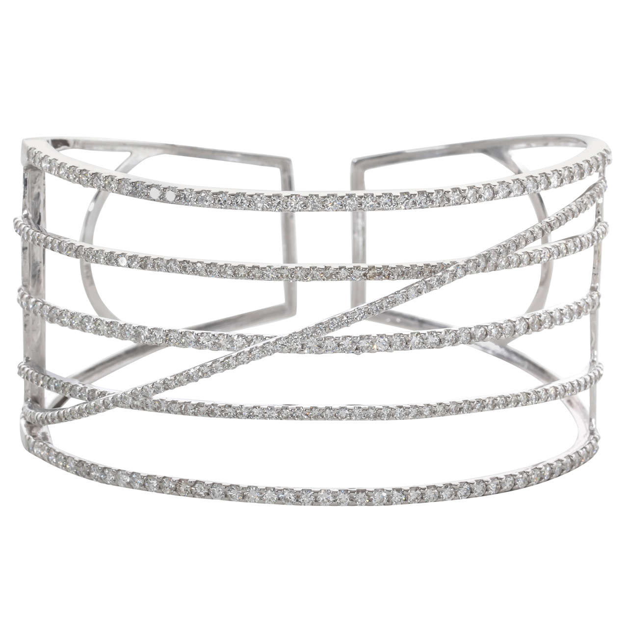 Wide Five Row Diamond Crossover Bangle Bracelet