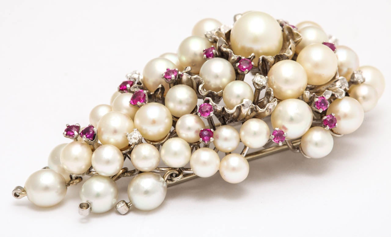 Pearl Ruby Diamond Clip Brooch In Excellent Condition In New York, NY
