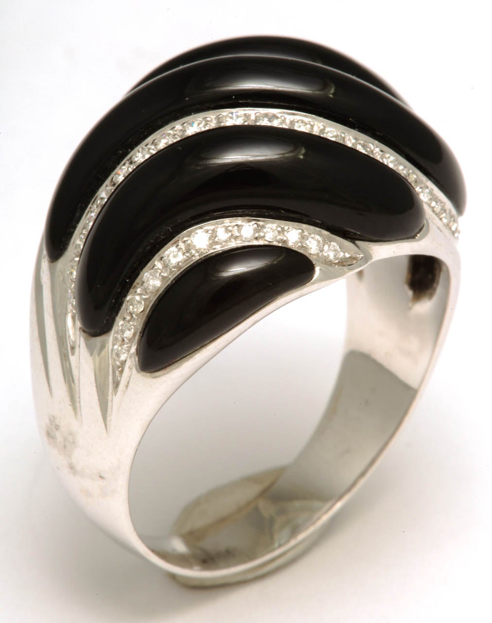 Black Onyx & Diamond White Gold Swirl Ring For Sale 1