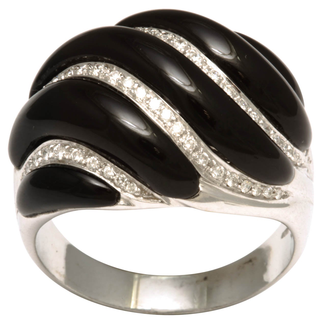 Black Onyx & Diamond White Gold Swirl Ring For Sale