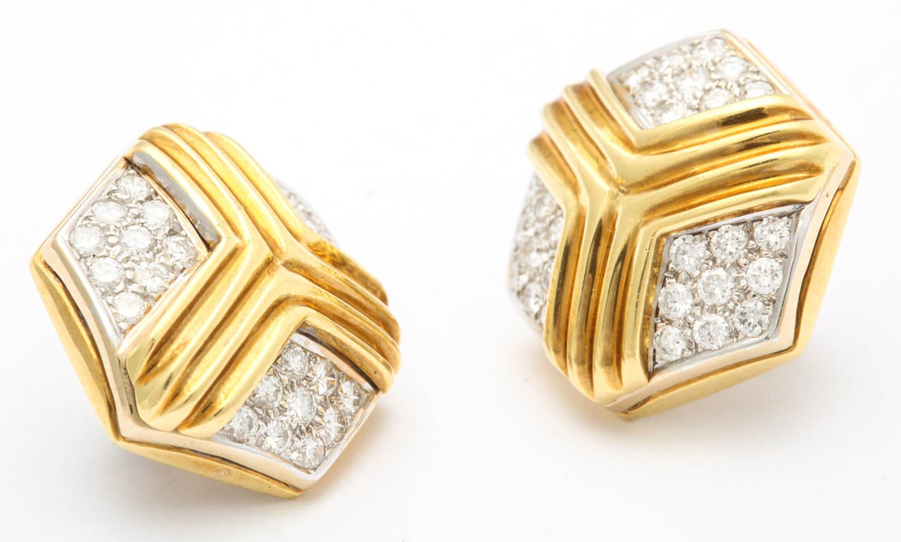 Hexagonal Diamond Gold Earrings In Excellent Condition For Sale In New York, NY