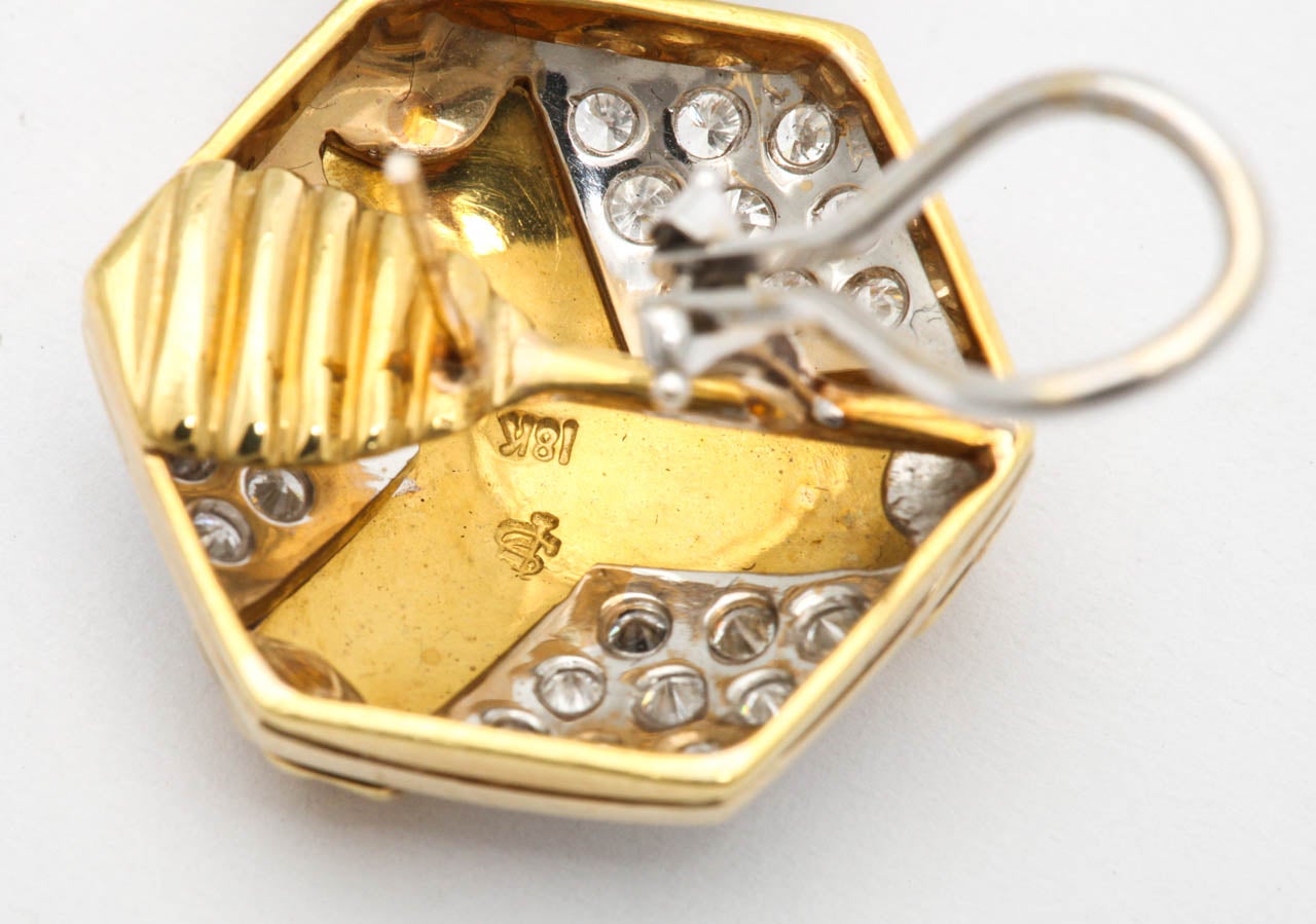 Hexagonal Diamond Gold Earrings For Sale 1