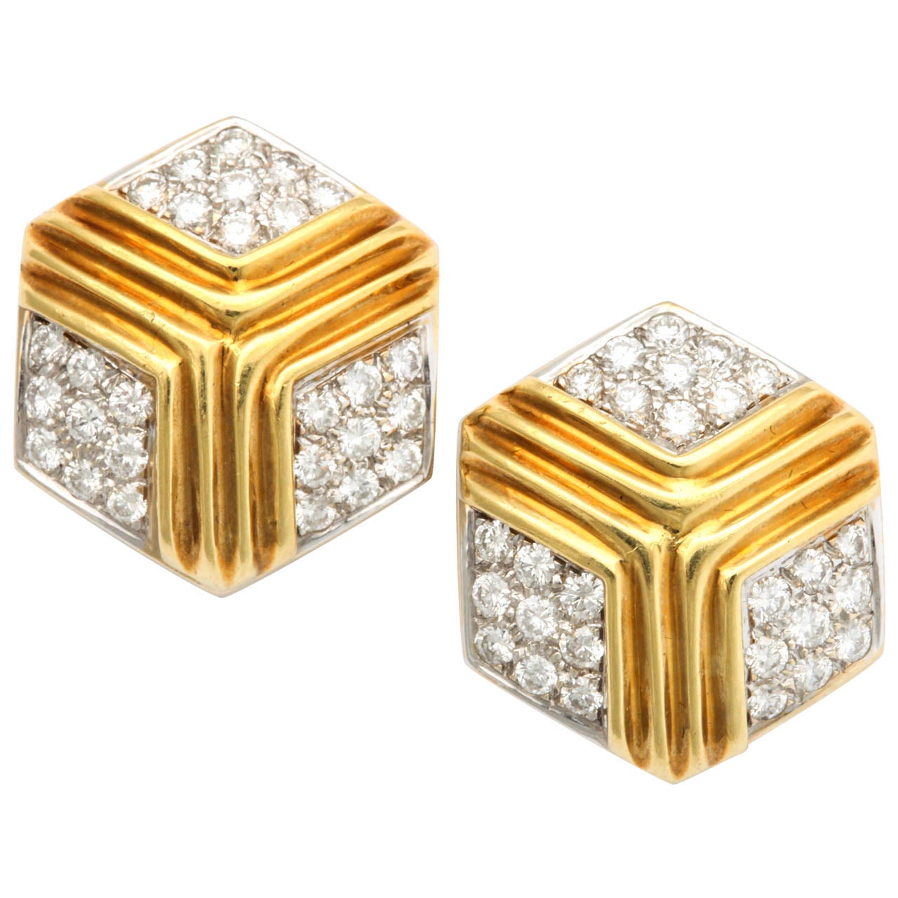 Hexagonal Diamond Gold Earrings For Sale