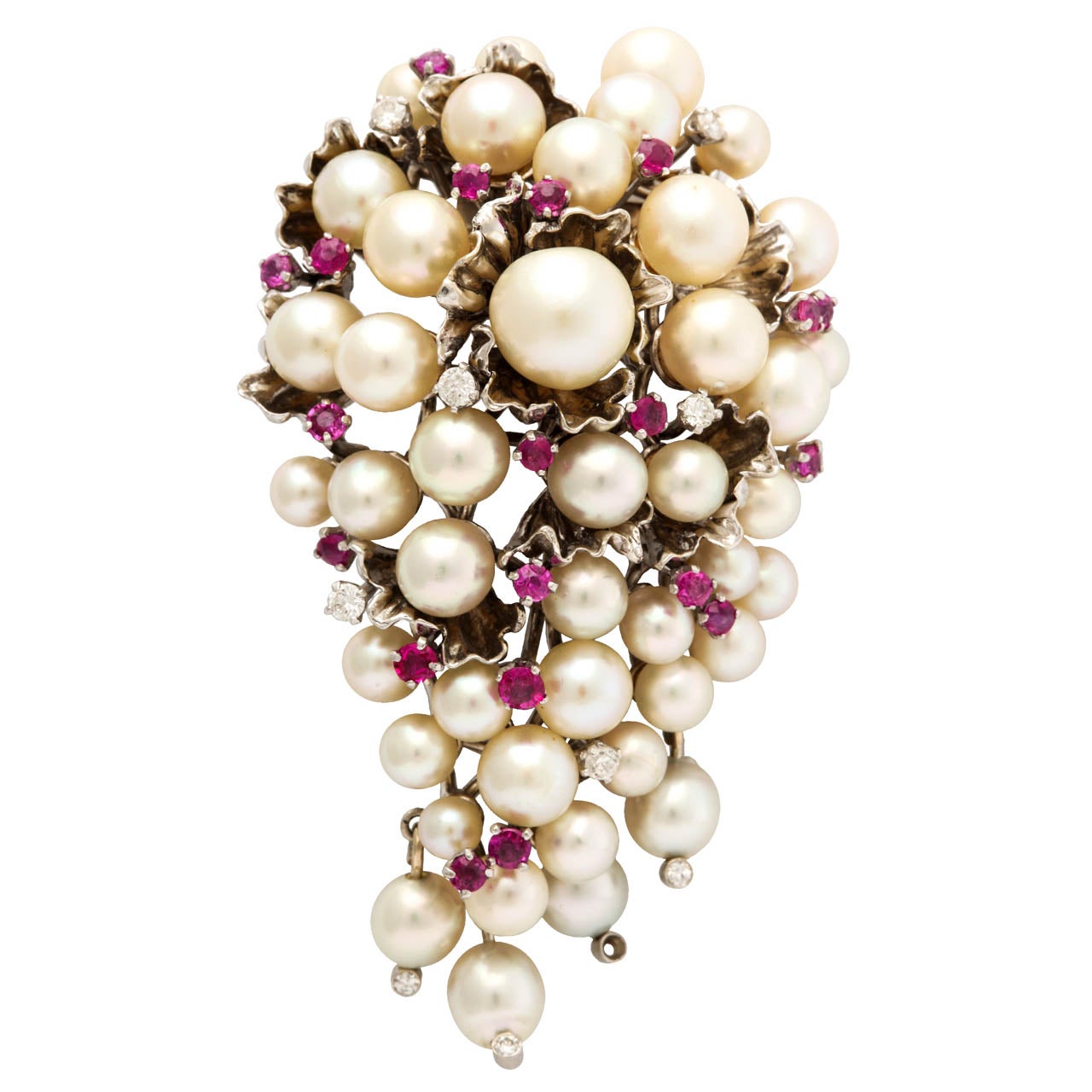 Pearl Ruby Diamond Clip Brooch For Sale at 1stdibs