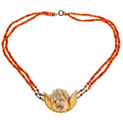 Antique Victorian Coral Bone Pink Gold Angel Necklace