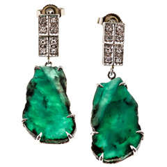Natural Emerald Crystal Slice Diamond and White Gold Dangle Earrings