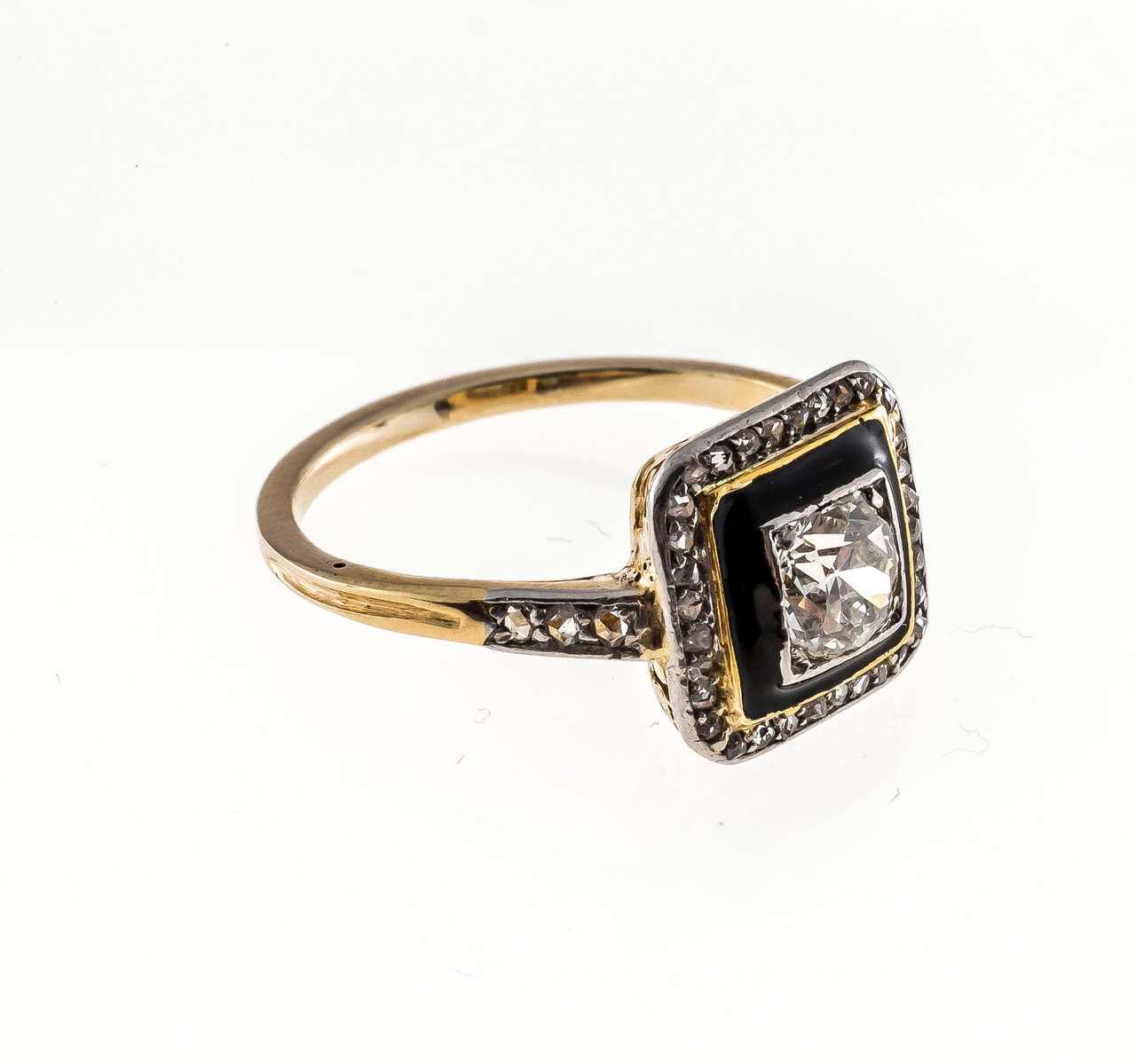 Art Deco Black Enamel Diamond Yellow Gold Platinum Ring at 1stDibs