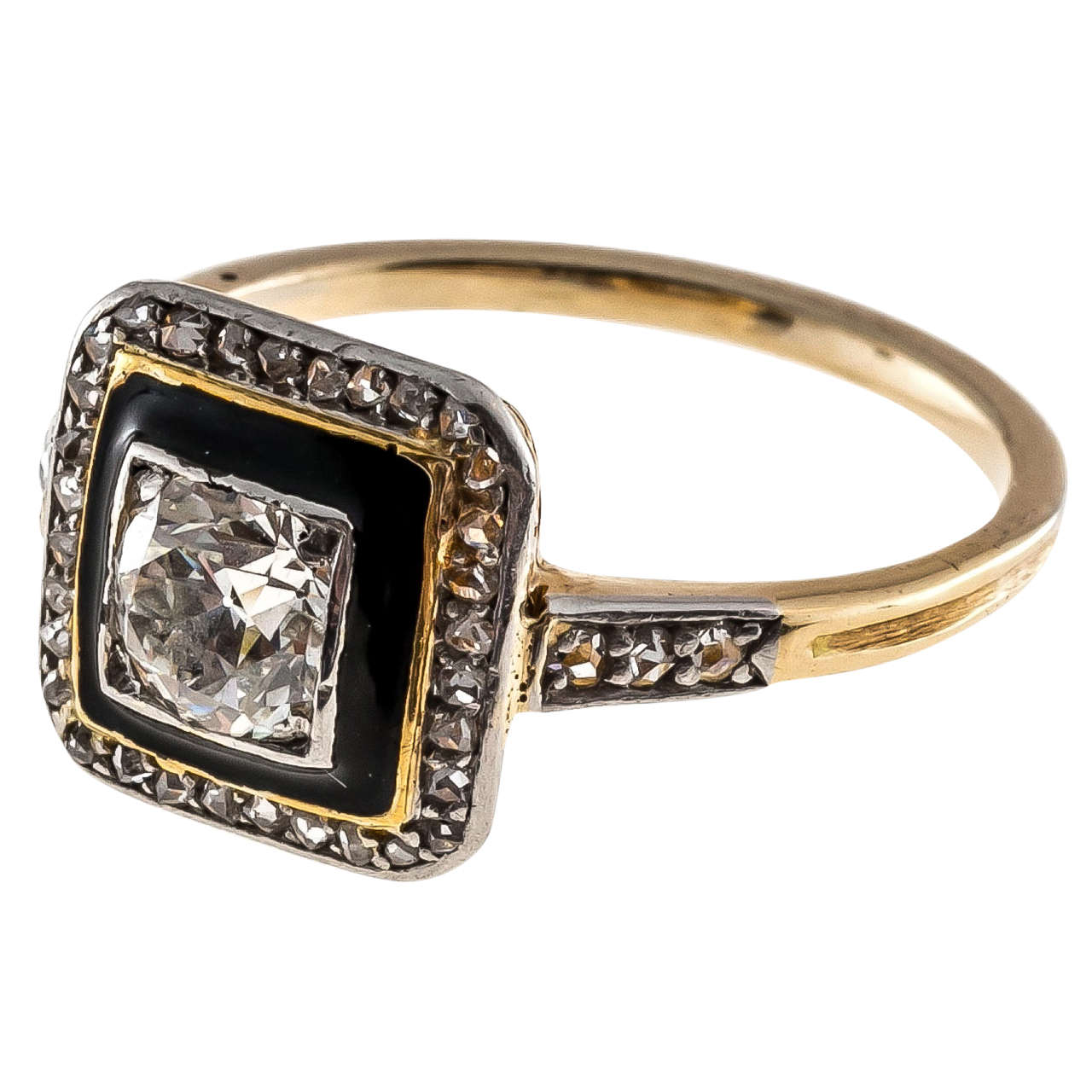 Art Deco Black Enamel Diamond Yellow Gold Platinum Ring at 1stDibs