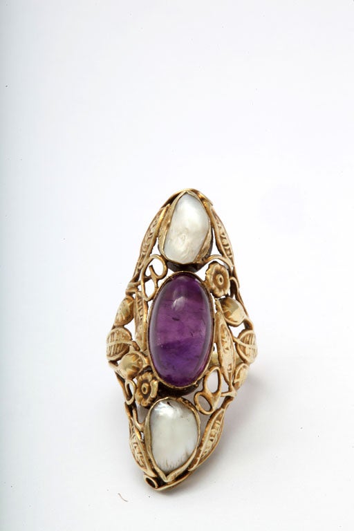 Art Nouveau Pearl & Cabochon Amethyst Ring 2