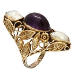 Art Nouveau Pearl & Cabochon Amethyst Ring