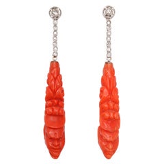  Carved Coral & Diamond Drop Earrings