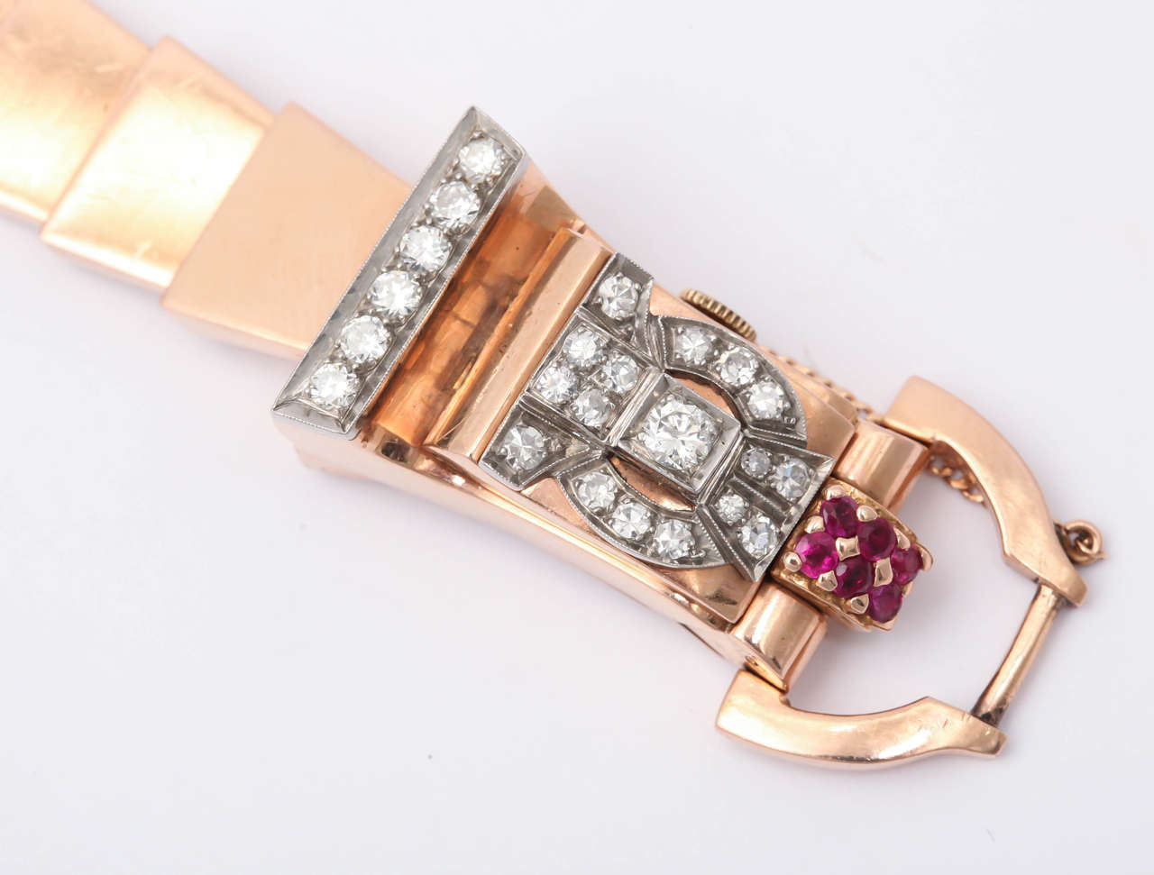 Lady's Rose Gold, Diamond and Ruby Retro Bracelet Watch circa 1940s In Excellent Condition In New York, NY