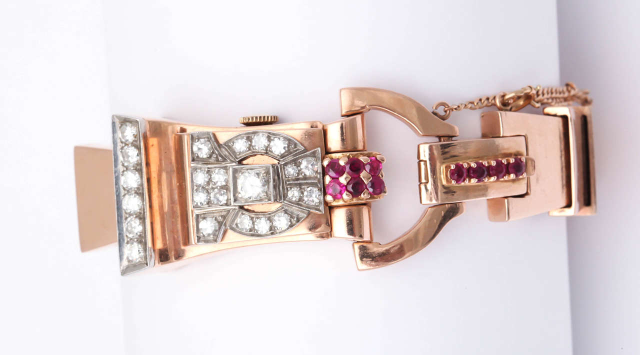 Lady's Rose Gold, Diamond and Ruby Retro Bracelet Watch circa 1940s 3