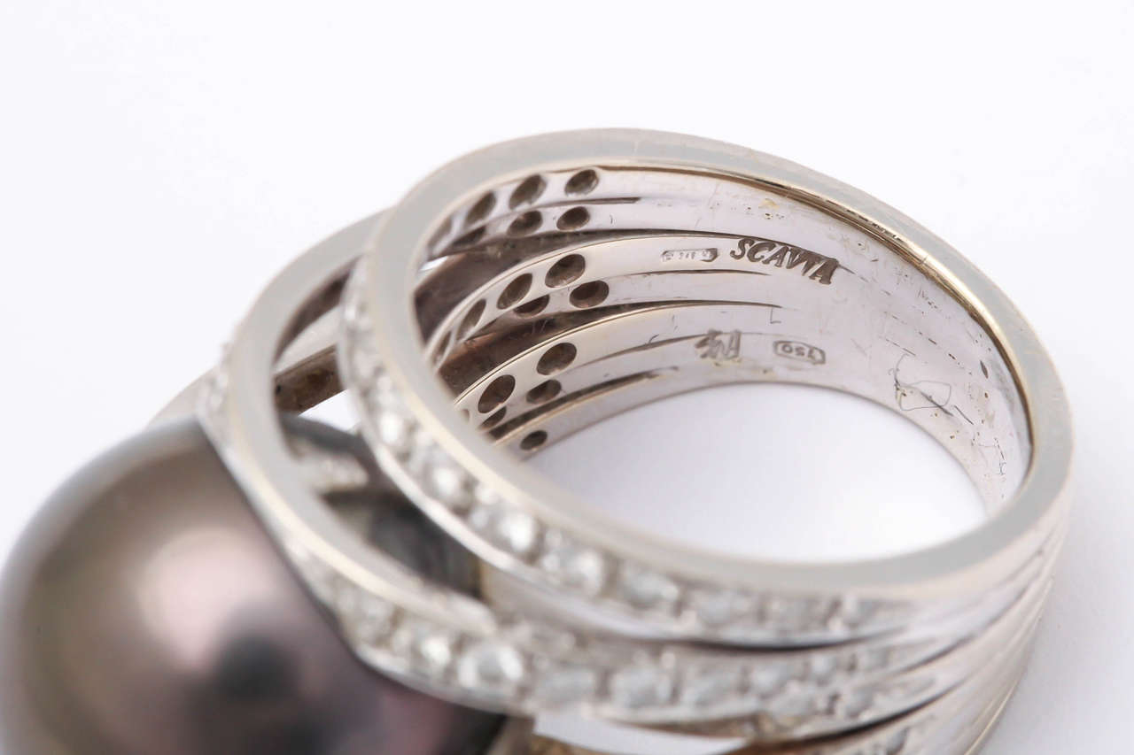 Scafia South Sea Grey Pearl  Multi-band Diamond Ring In Excellent Condition In New York, NY