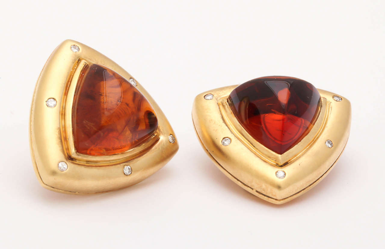 Contemporary Gold Clip Earrings with Diamonds and Madeira Citrine Cabochons For Sale