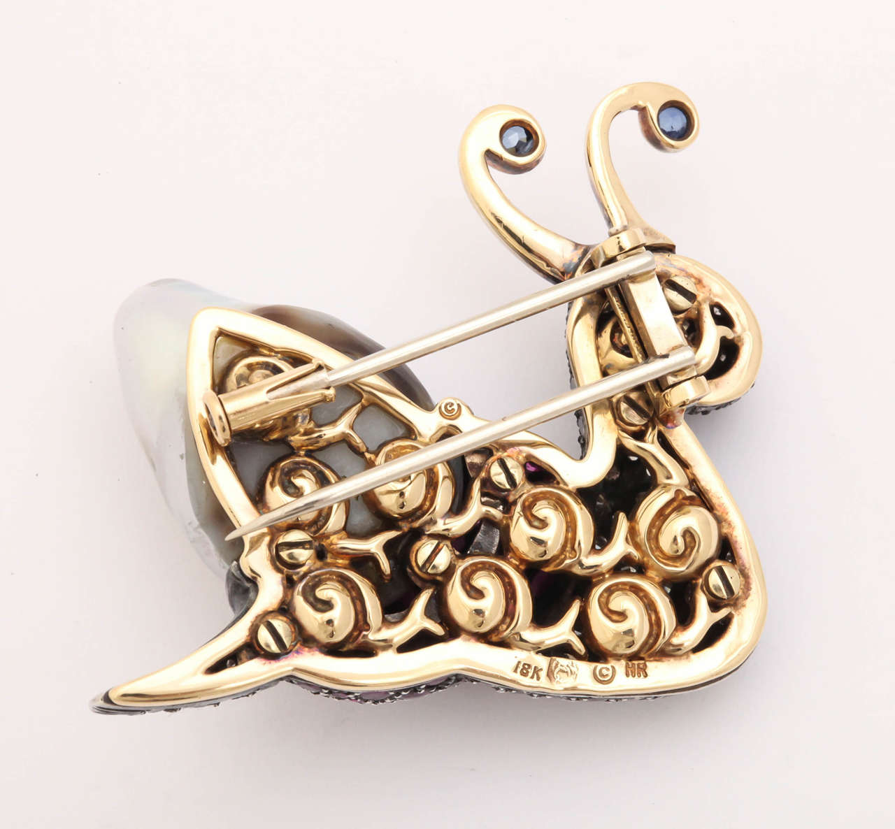 Tahitian Pearl Ruby Diamond Gold Whimsical Snail Brooch In New Condition For Sale In TRYON, NC