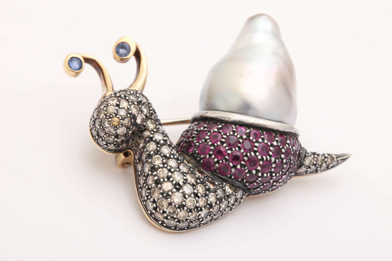 Women's or Men's Tahitian Pearl Ruby Diamond Gold Whimsical Snail Brooch For Sale