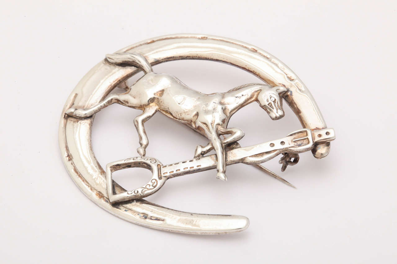 Women's or Men's Sterling Horse Shoe Equestrian Brooch For Sale