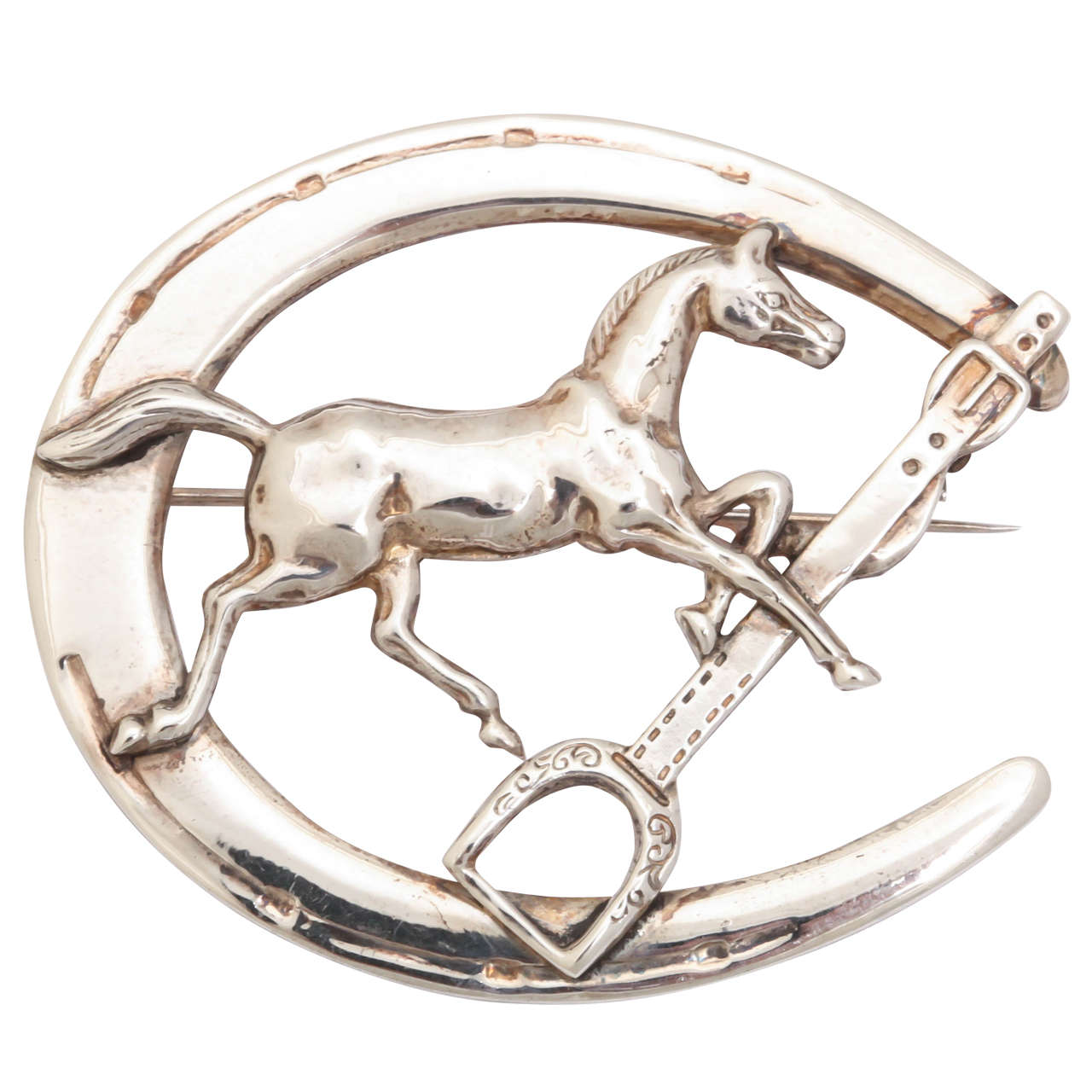 Sterling Horse Shoe Equestrian Brooch For Sale