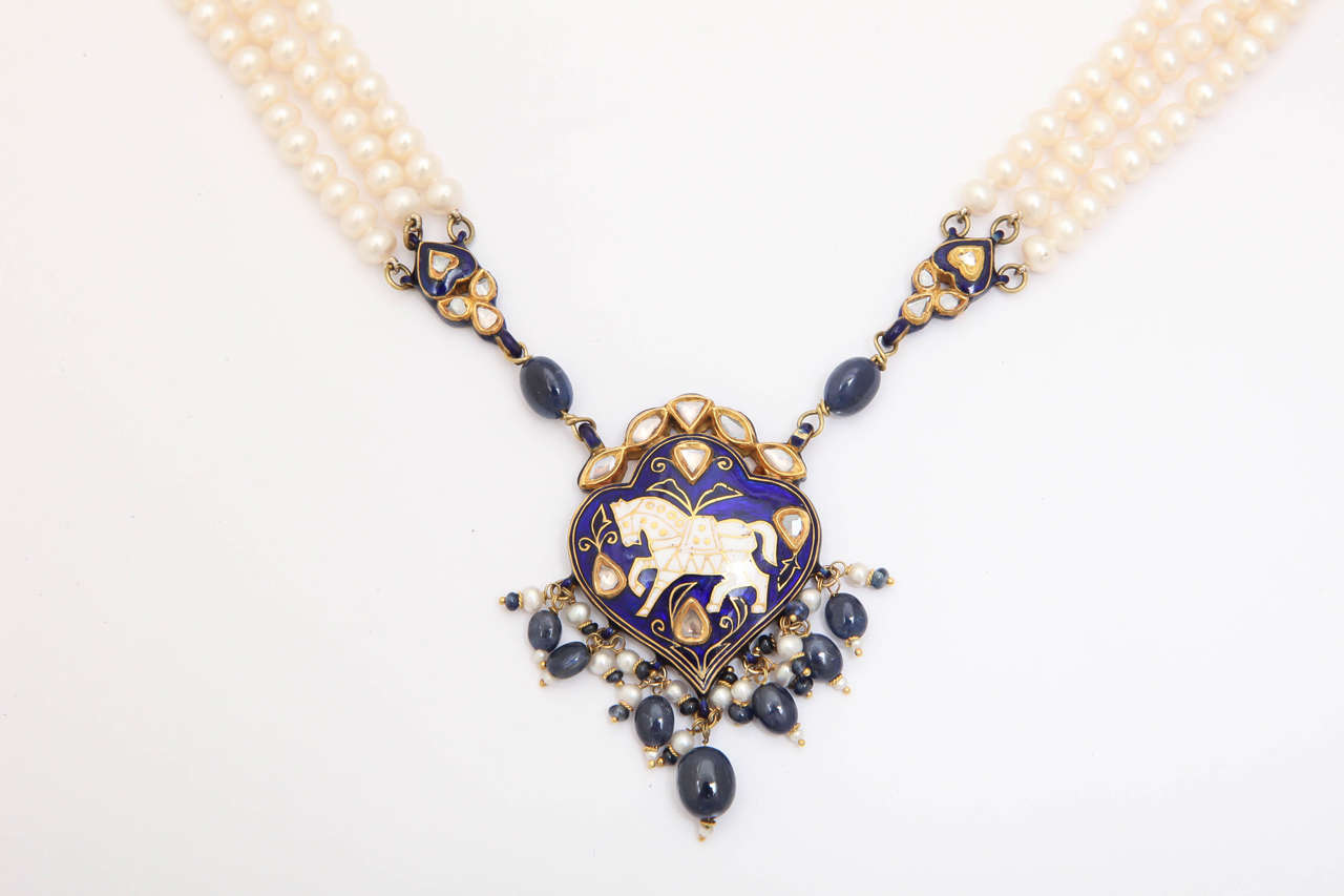 Anglo-Indian Enamel Pearl Sapphire Bead Horse Necklace For Sale