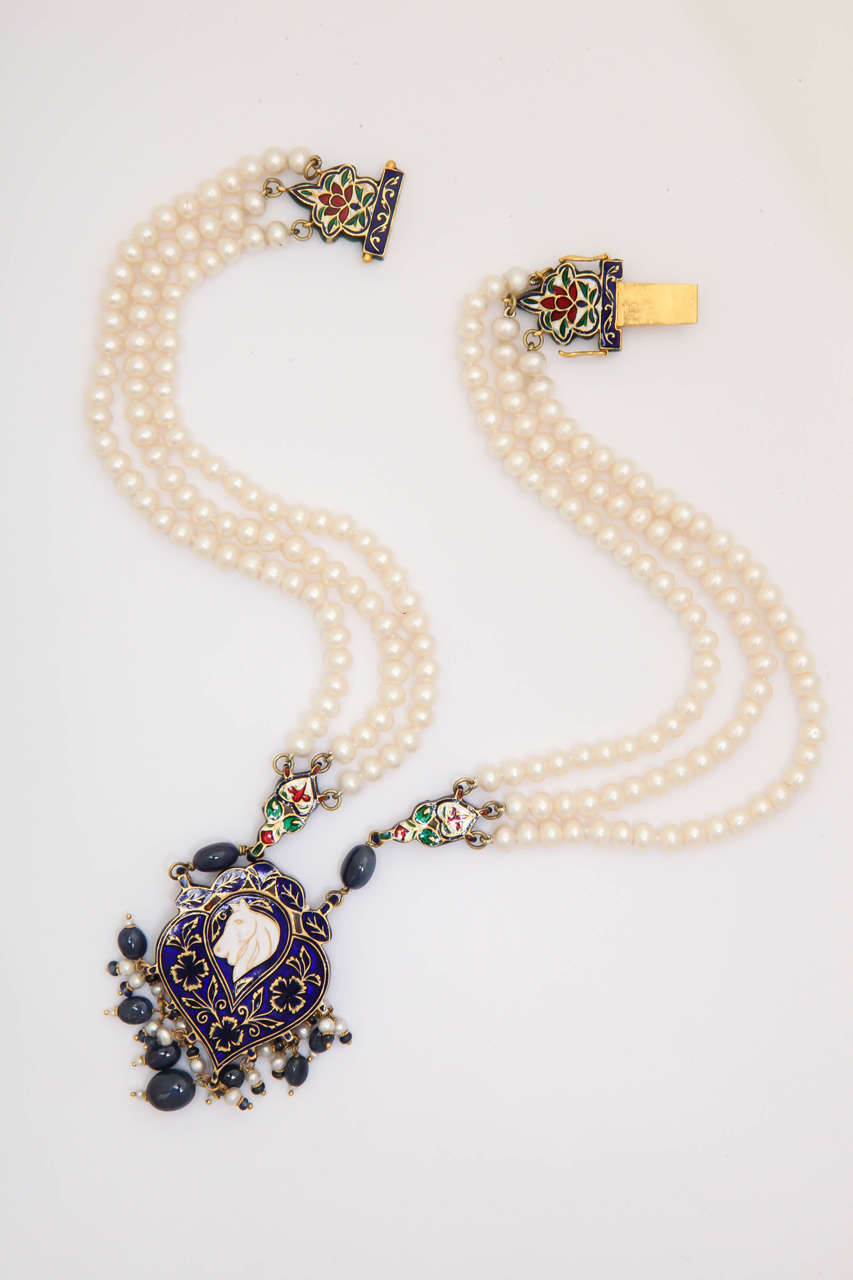 Enamel Pearl Sapphire Bead Horse Necklace In New Condition For Sale In TRYON, NC