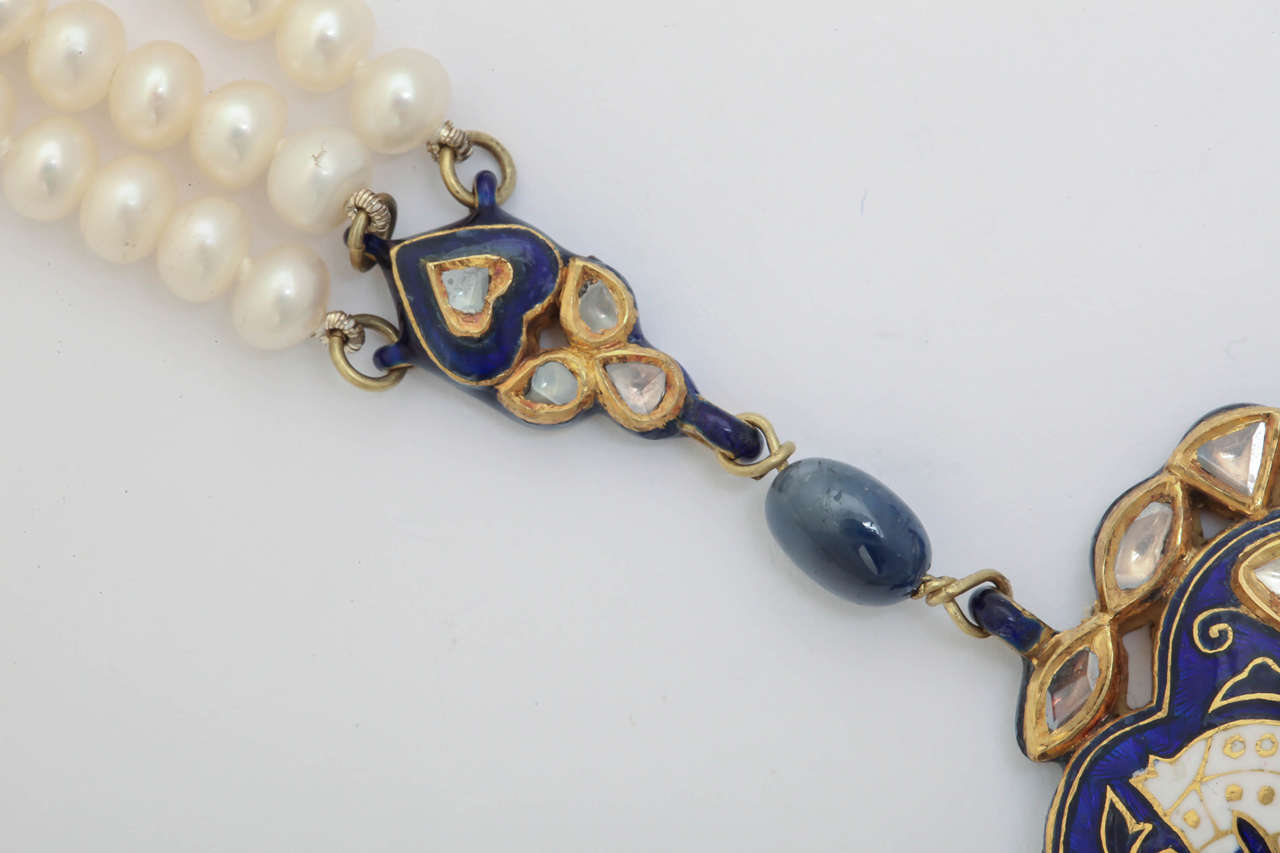 Enamel Pearl Sapphire Bead Horse Necklace For Sale 3