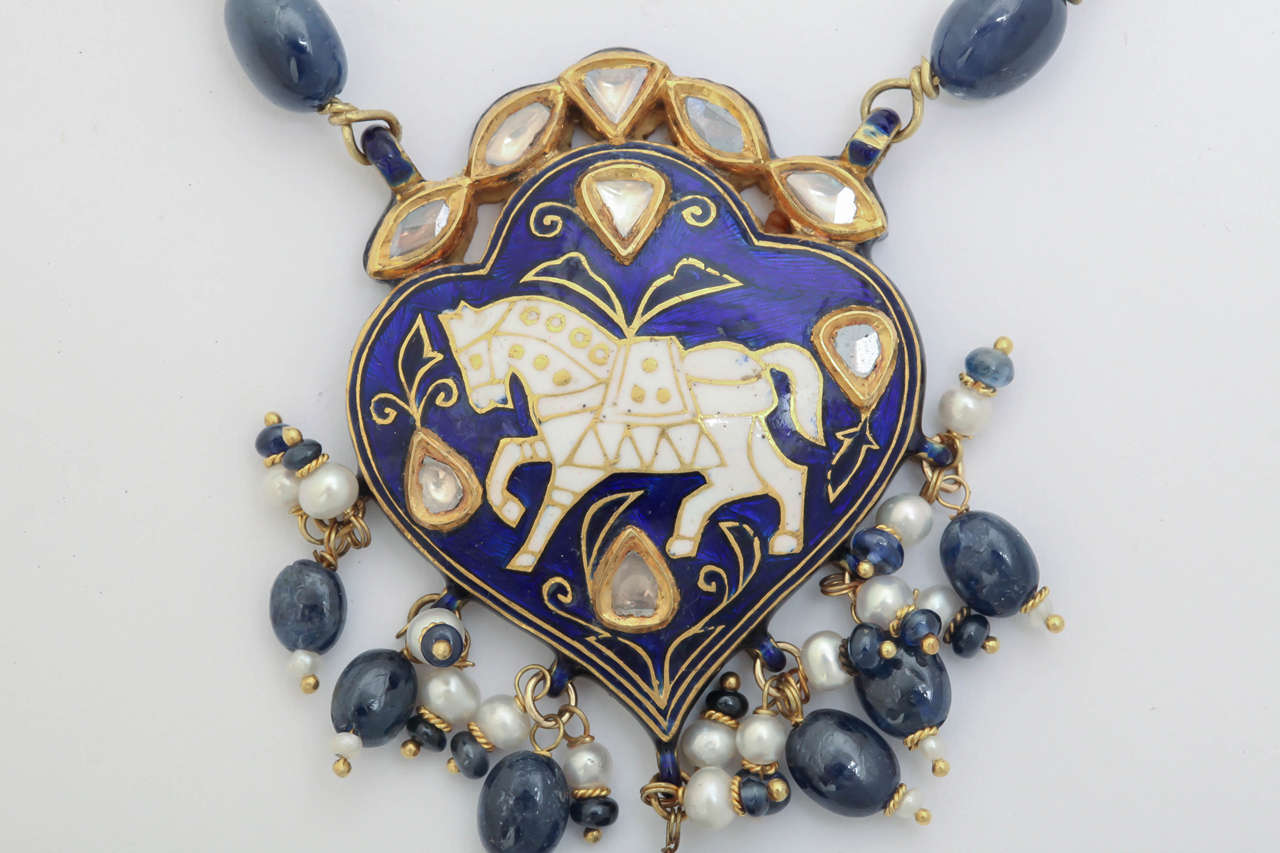 Enamel Pearl Sapphire Bead Horse Necklace For Sale 4