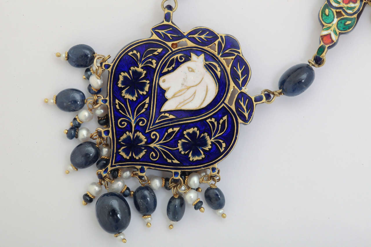 Enamel Pearl Sapphire Bead Horse Necklace For Sale 5