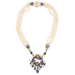 Enamel Pearl Sapphire Bead Horse Necklace
