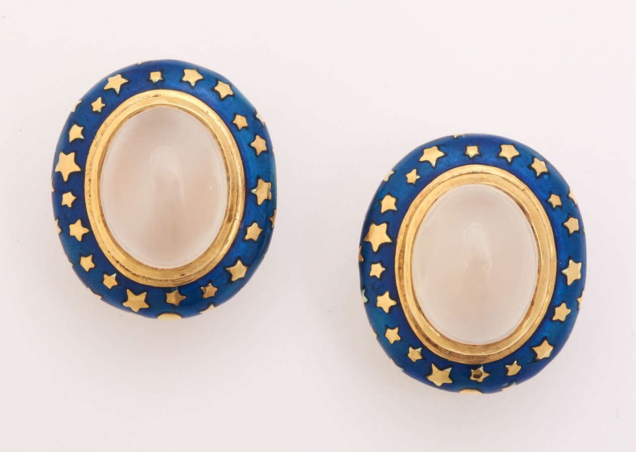 Enamel Moonstone Gold Clip Earrings