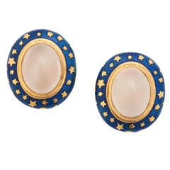 Enamel Moonstone Gold Clip Earrings 2