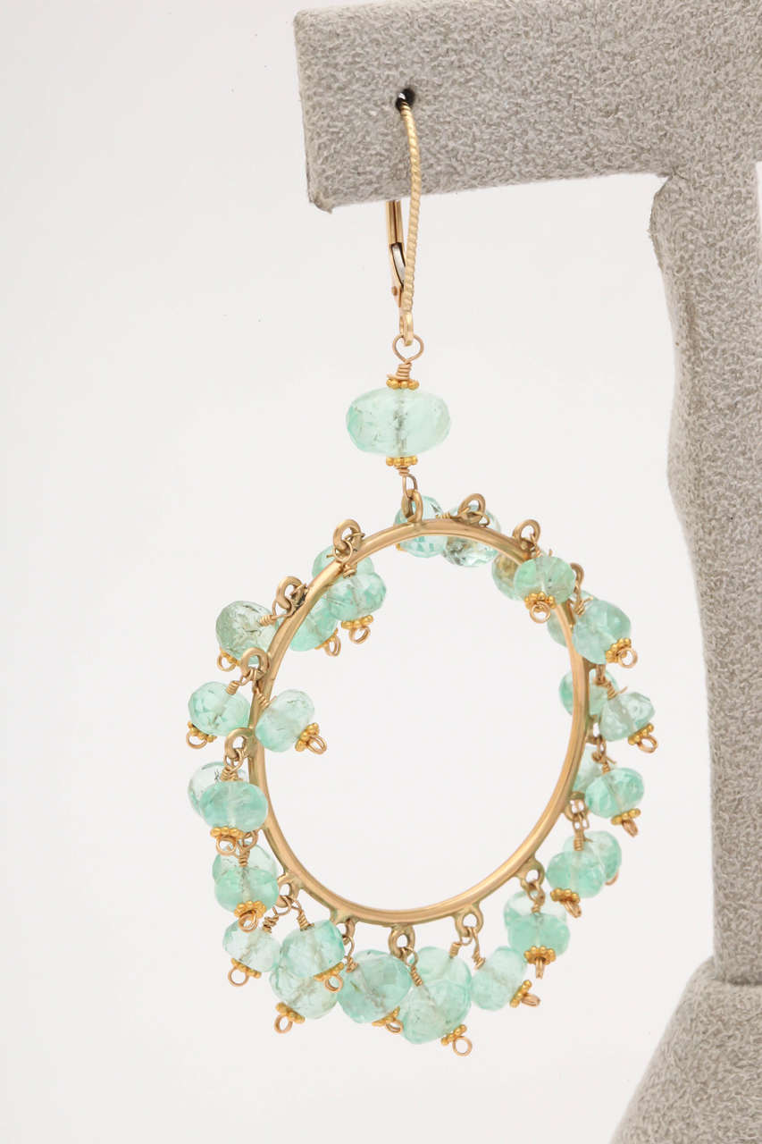 Impressive Emerald Bead Gold Hoop Earrings For Sale 1