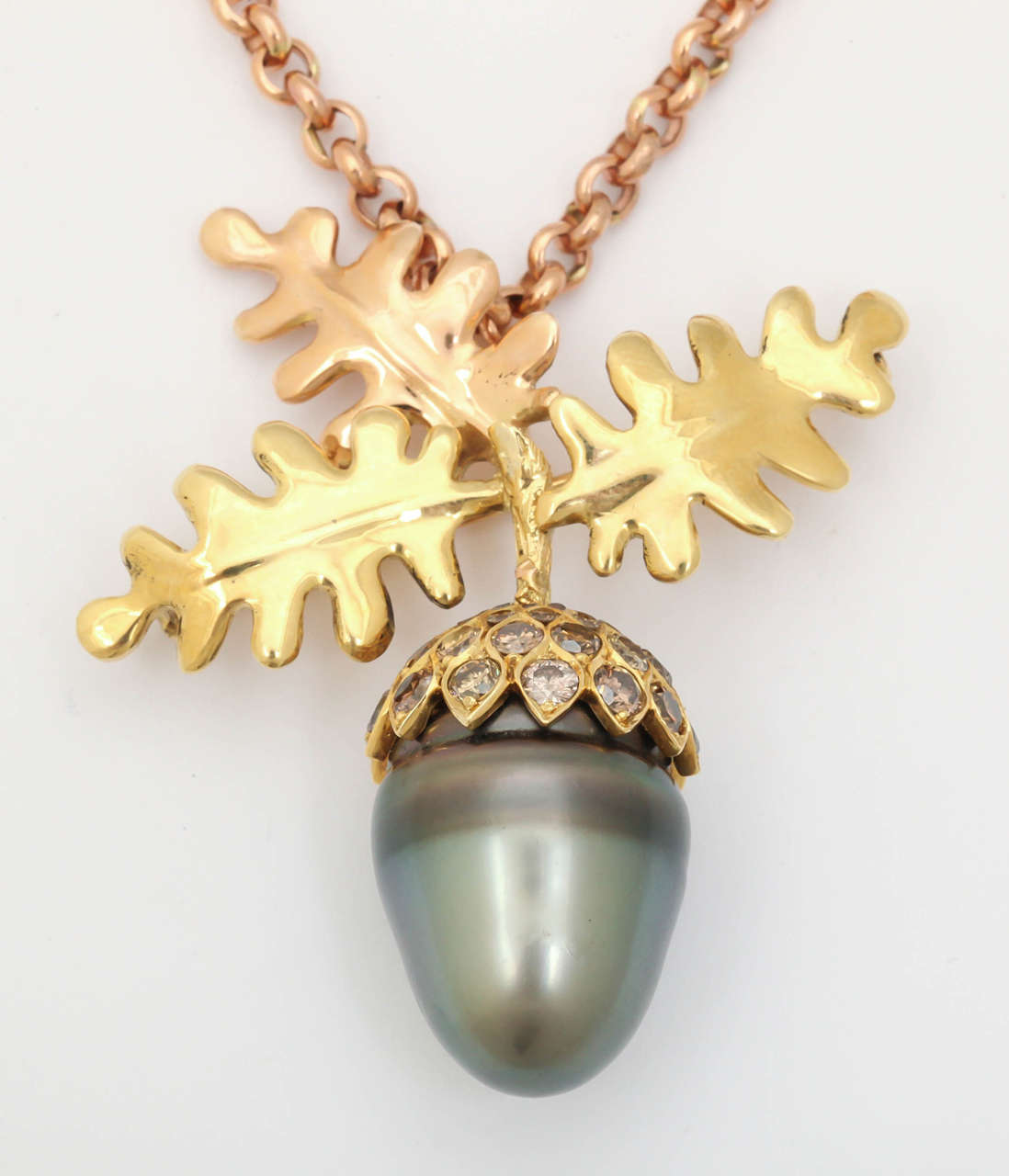 Large Tahitian Pearl Brown Diamond Gold Acorn Pin/Pendant In New Condition For Sale In TRYON, NC
