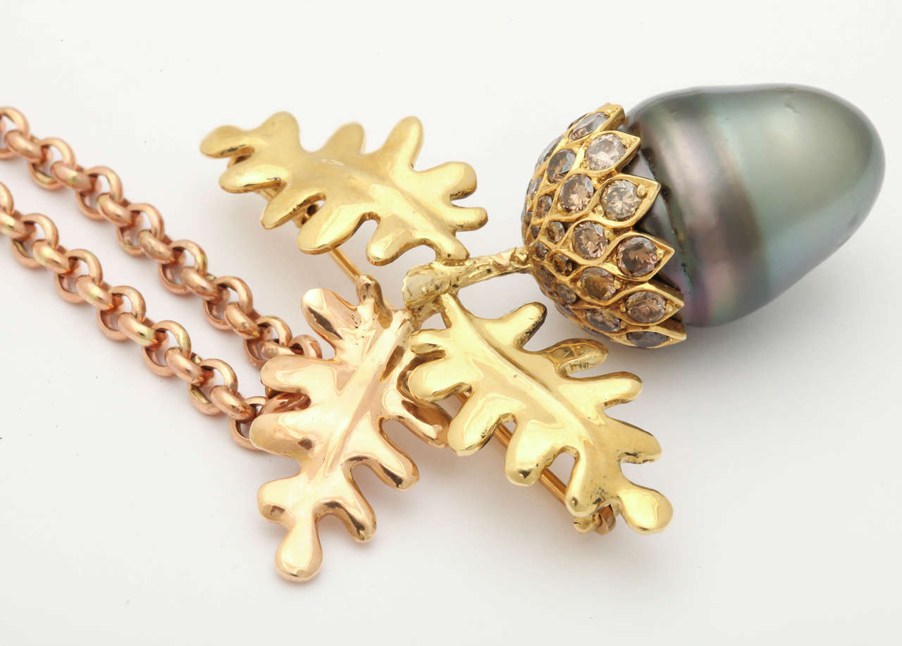 Women's or Men's Large Tahitian Pearl Brown Diamond Gold Acorn Pin/Pendant For Sale