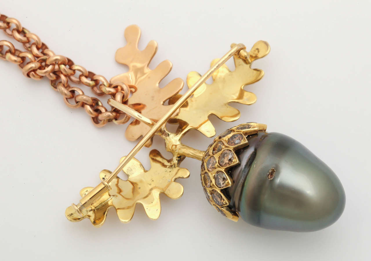Large Tahitian Pearl Brown Diamond Gold Acorn Pin/Pendant For Sale 1
