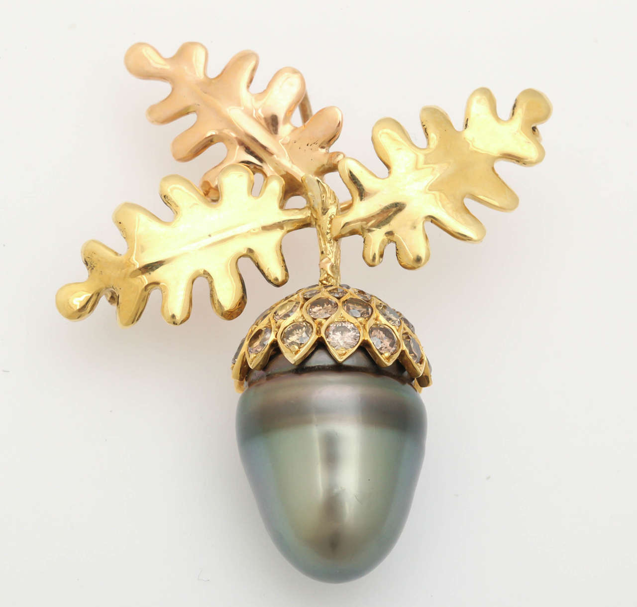 Large Tahitian Pearl Brown Diamond Gold Acorn Pin/Pendant For Sale 3