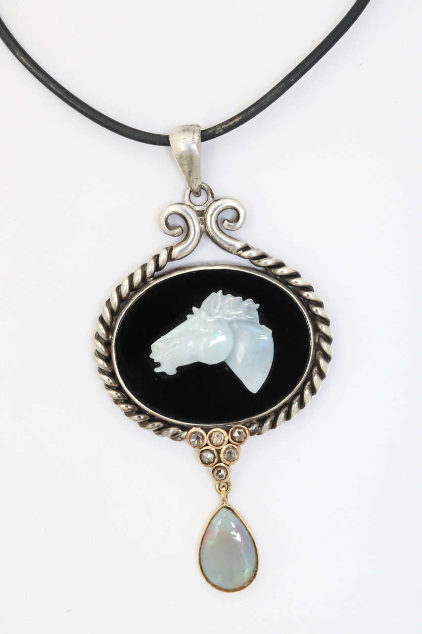 Contemporary Gold and Silver Opal Horse Pendant Necklace For Sale