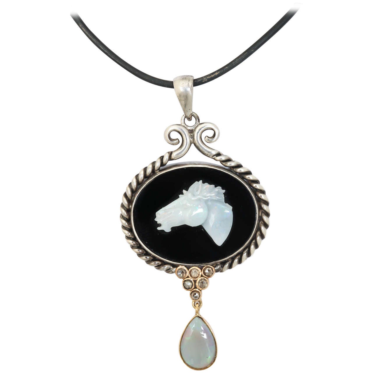 Gold and Silver Opal Horse Pendant Necklace For Sale