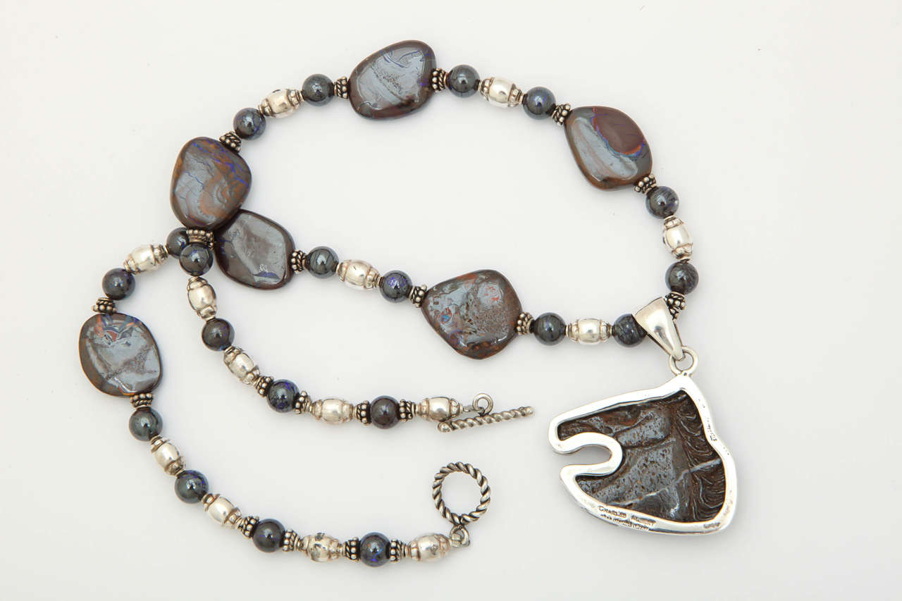 Artisan Boulder Opal Silver Horse Head Necklace For Sale